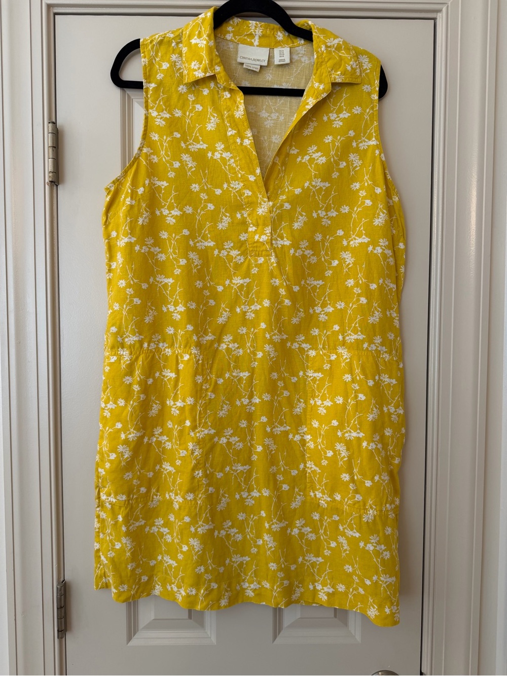 Cynthia Rowley 100% Linen Yellow Sleeveless Floral Shift Dress with Pockets